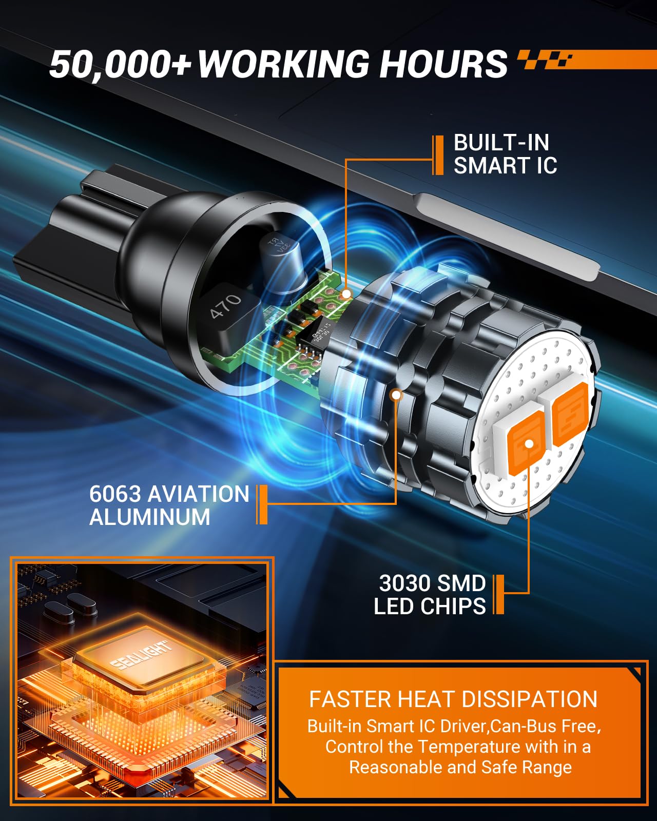 SEALIGHT 194 LED Bulb Amber License Plate Light, 168 W5W 2825 T10 LED Light Bulb Replacement Bulbs for Dome Map Door Courtesy Dash Lights, Pack of 6 - Image 6
