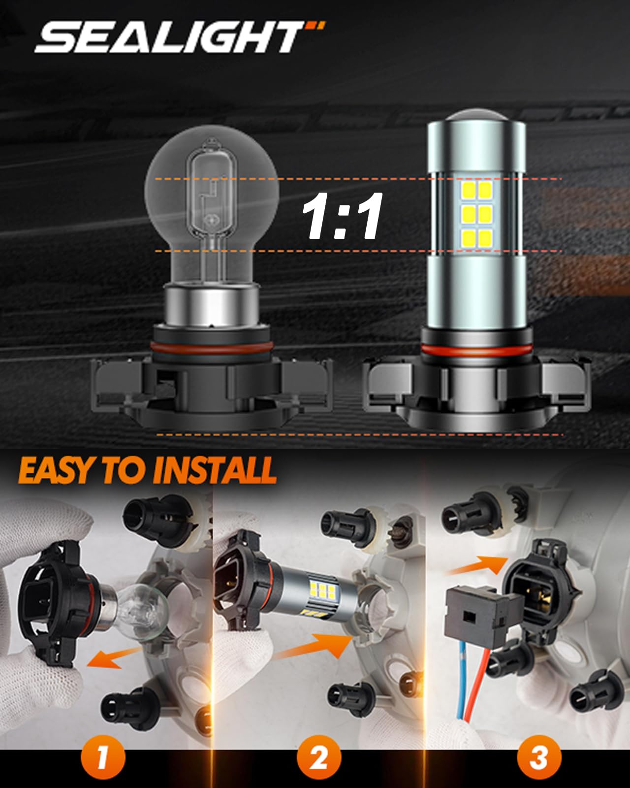 SEALIGHT 5202 LED Fog Lights Bulbs, 5201 PS19W PS24W 9009 5202 LED Bulbs Fog Light Bulbs 1:1 Design, 6000K Xenon White 27 SMD Chips 360-Degree Illumination Fog Lights LED for Car Truck, Pack of 2 - Image 3