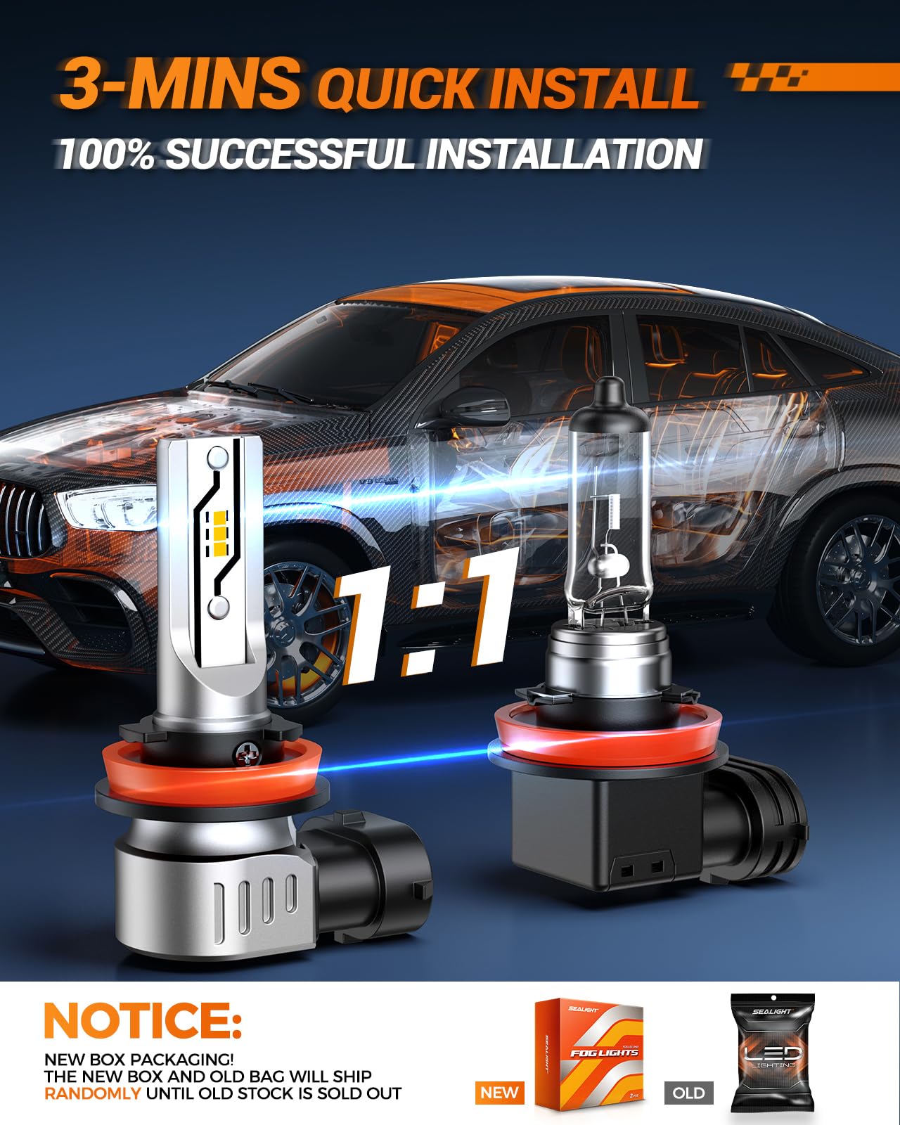 SEALIGHT H11 LED Fog Light Bulbs Yellow, 12000LM H8 H16 H11 Yellow LED Fog Light Bulb 600% Brightness, 1:1 Size 100% Successful Installation for Trucks Cars, 3000K Amber Yellow, Pack of 2 - Image 3