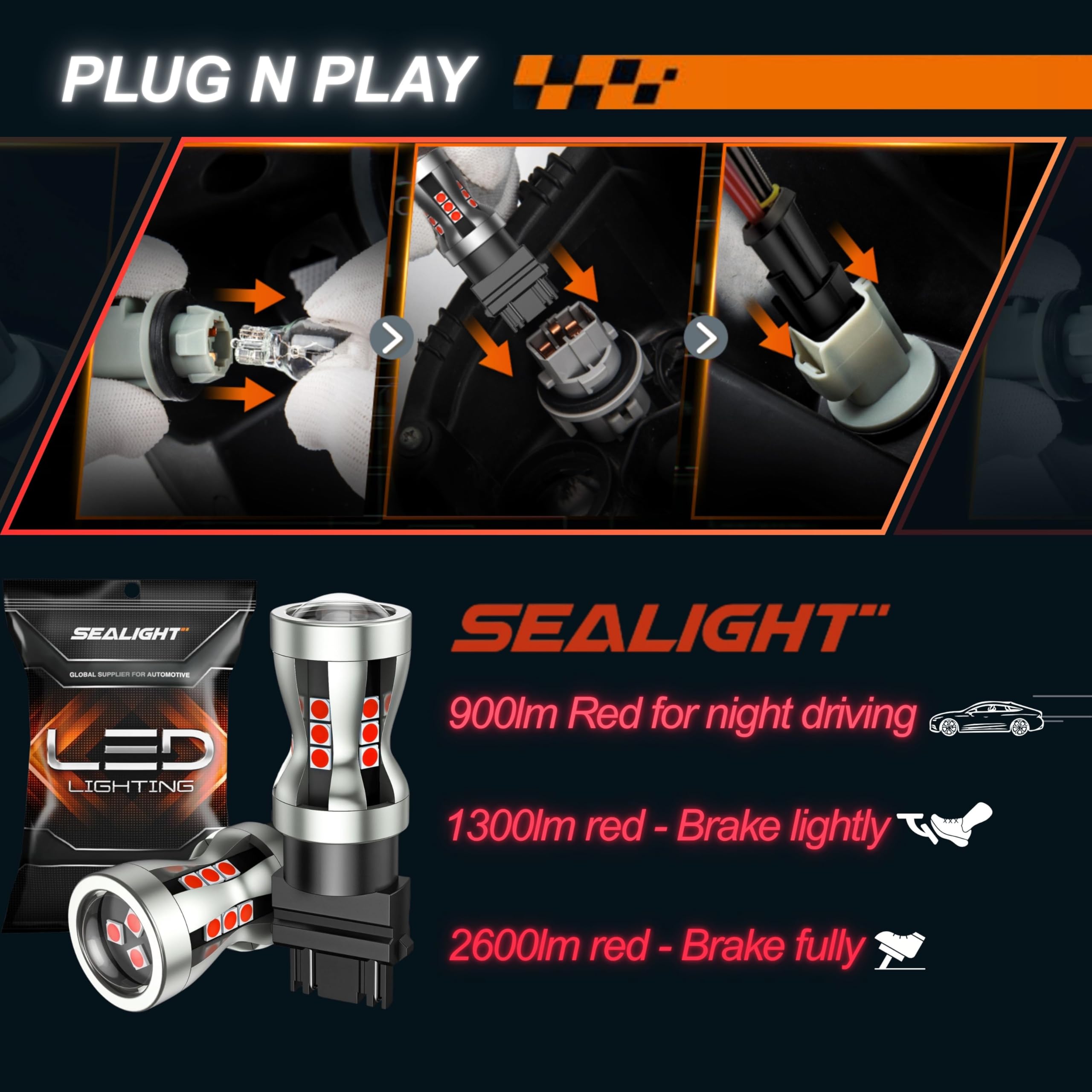 SEALIGHT LED Brake Light Bulbs, 3157 LED Red 3057 4157 T25 3156 Tail Light, 2600 Lumens Red, TailLight with Projector Lenses, Plug N Play for Rear Stop Light, Automotive Parking Light Assemblies, 2PCs - Image 8