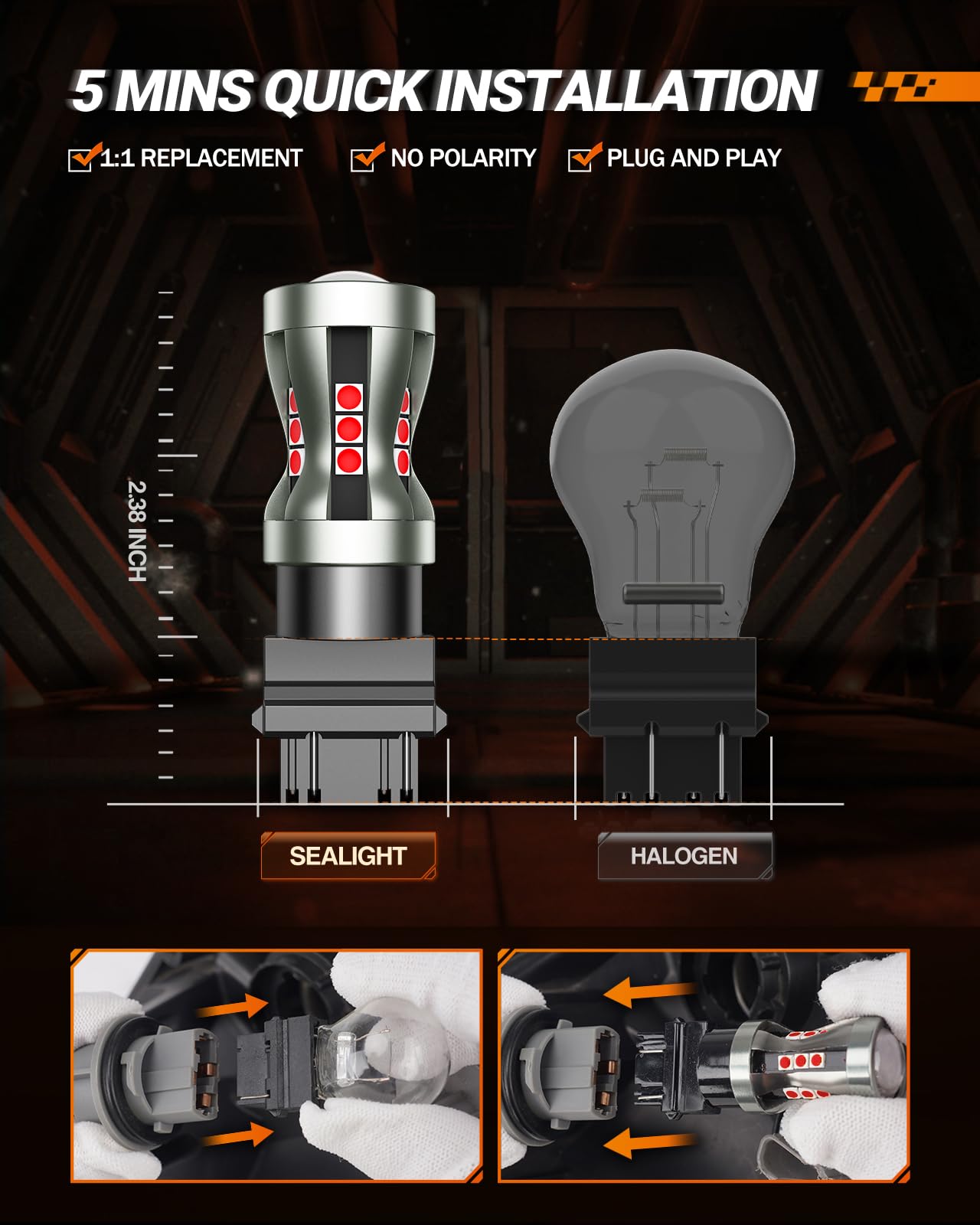 SEALIGHT LED Brake Light Bulbs, 3157 LED Red 3057 4157 T25 3156 Tail Light, 2600 Lumens Red, TailLight with Projector Lenses, Plug N Play for Rear Stop Light, Automotive Parking Light Assemblies, 2PCs - Image 9