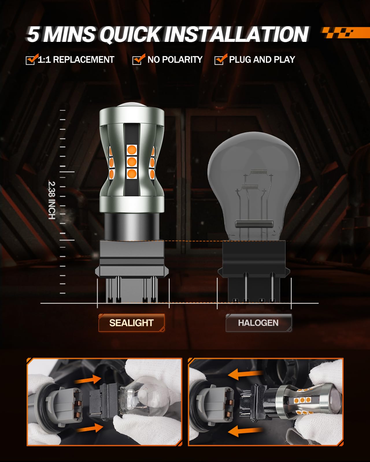 SEALIGHT LED Turn Signal Bulb, 3157 LED Bulb Amber Yellow 2700K with HD Projector Lens, 13X Brighter Front Rear Turn Signal Bulbs, for Parking Light Bulbs, with Extra Resistor, Pack of 2 - Image 5