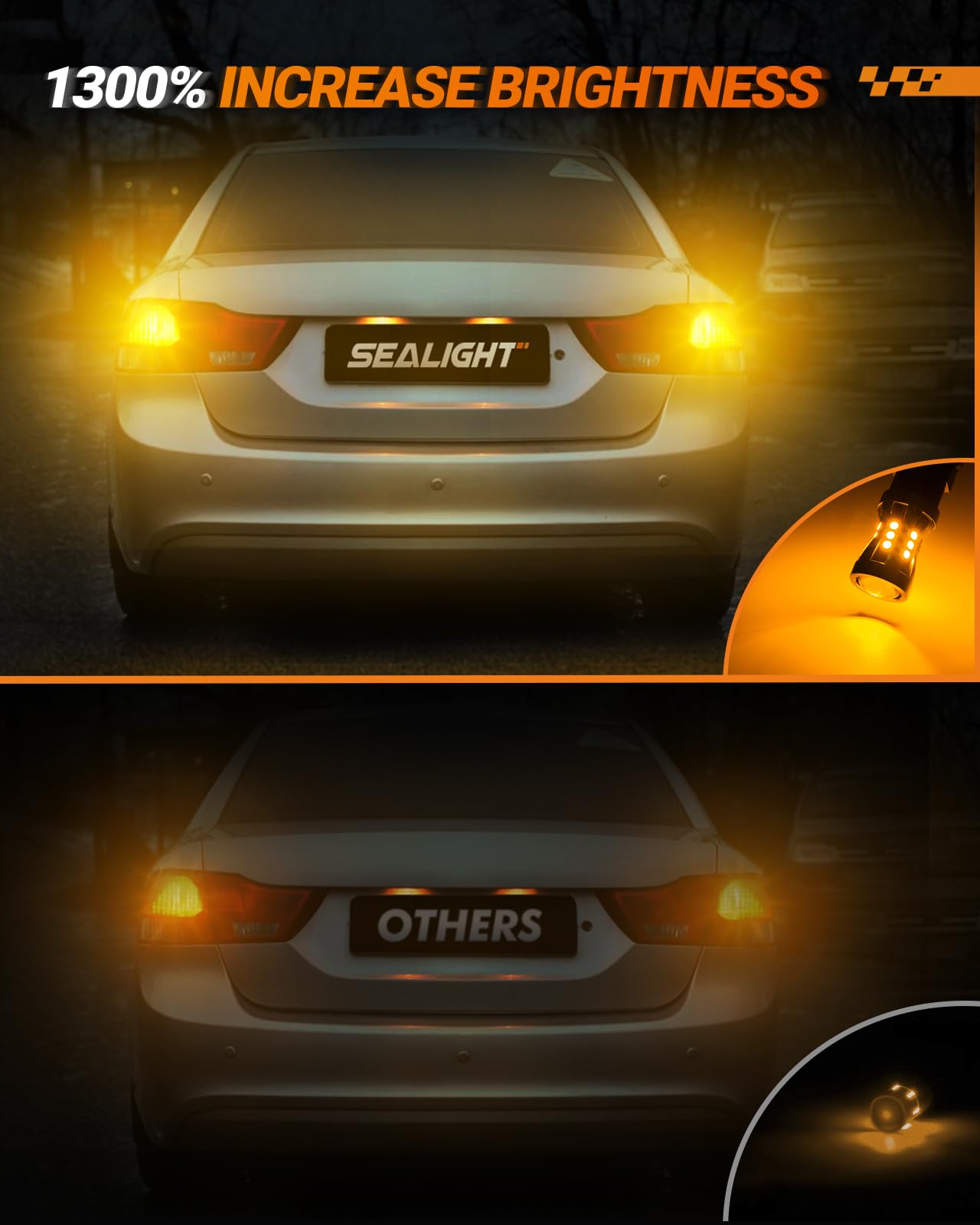 SEALIGHT LED Turn Signal Bulb, 3157 LED Bulb Amber Yellow 2700K with HD Projector Lens, 13X Brighter Front Rear Turn Signal Bulbs, for Parking Light Bulbs, with Extra Resistor, Pack of 2 - Image 7