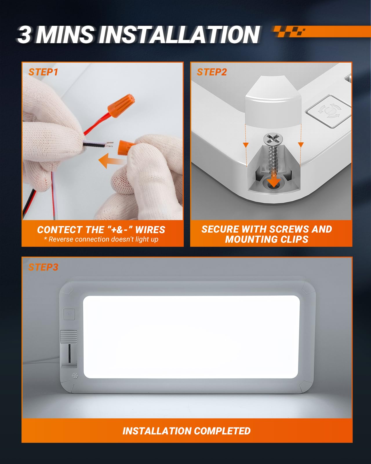 SEALIGHT RV Interior Lights, 3 Color Dimmable LED Fixtures 12V Camper Light 1500LM Ceiling Dome Light With Switch for Camper/Car/Trailer/Boat, Warm Cool Natural White (Pack of 4) - Image 6